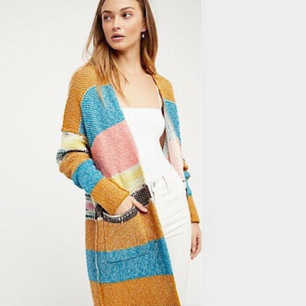 Free People Think Twice Cardigan Long Line Multicolor Stripe Size Medium